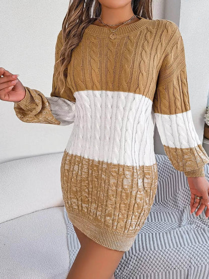 Cable Camel Knit Sweater Dress with Textured Pattern - IVORYNN