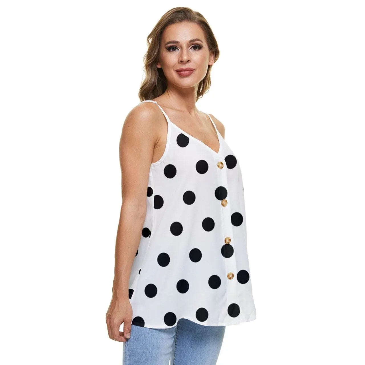 Casual Spaghetti Strap Chiffon Top Dots - White - IVORYNN