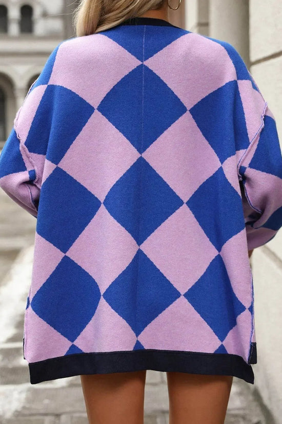 Checkered Dropped Shoulder Long Sleeve Cardigan - IVORYNN