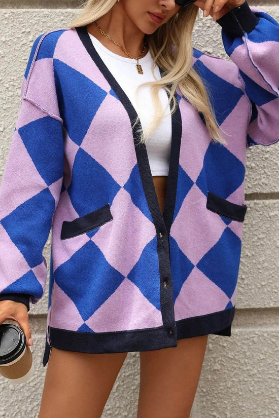 Checkered Dropped Shoulder Long Sleeve Cardigan - IVORYNN