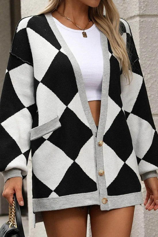 Checkered Dropped Shoulder Long Sleeve Cardigan - IVORYNN