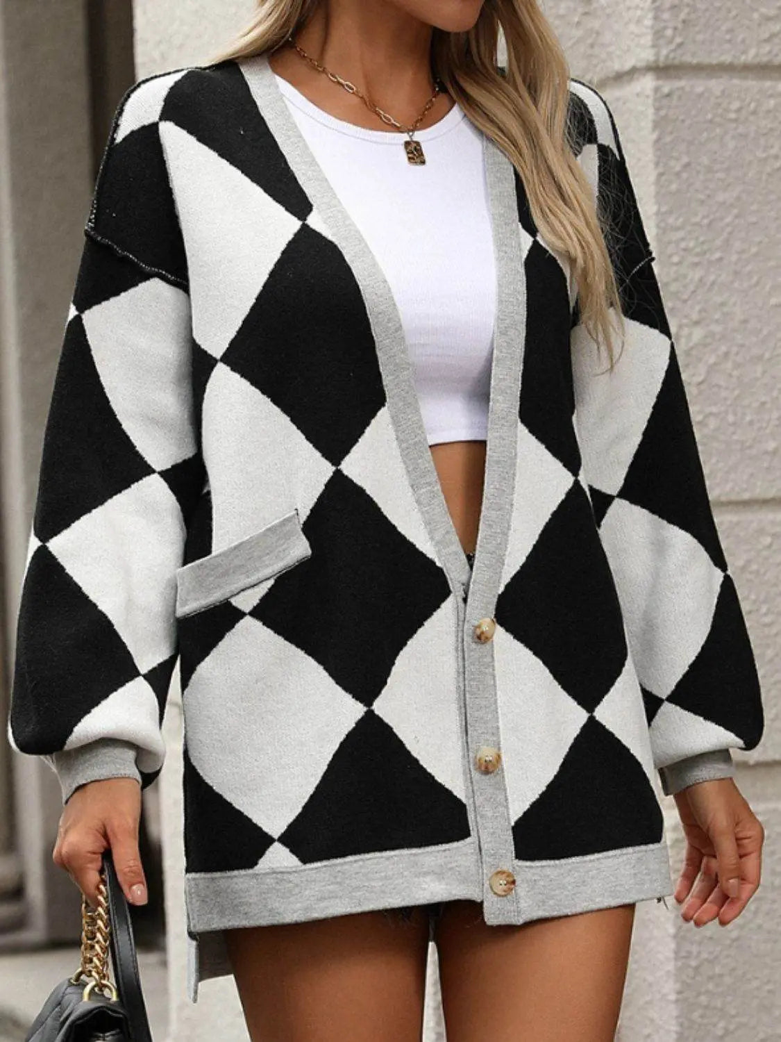 Checkered Dropped Shoulder Long Sleeve Cardigan - IVORYNN