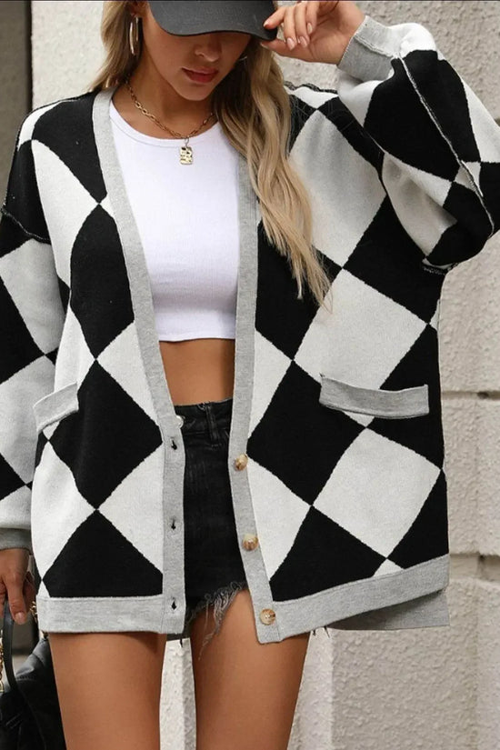 Checkered Dropped Shoulder Long Sleeve Cardigan - IVORYNN