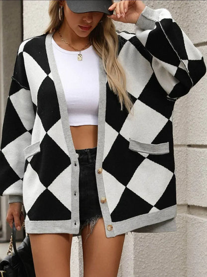 Checkered Dropped Shoulder Long Sleeve Cardigan - IVORYNN