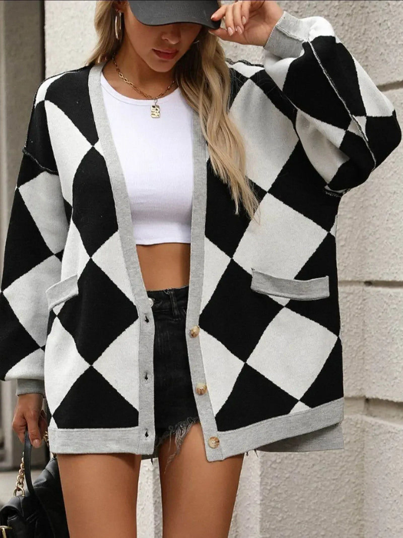 Checkered Dropped Shoulder Long Sleeve Cardigan - IVORYNN