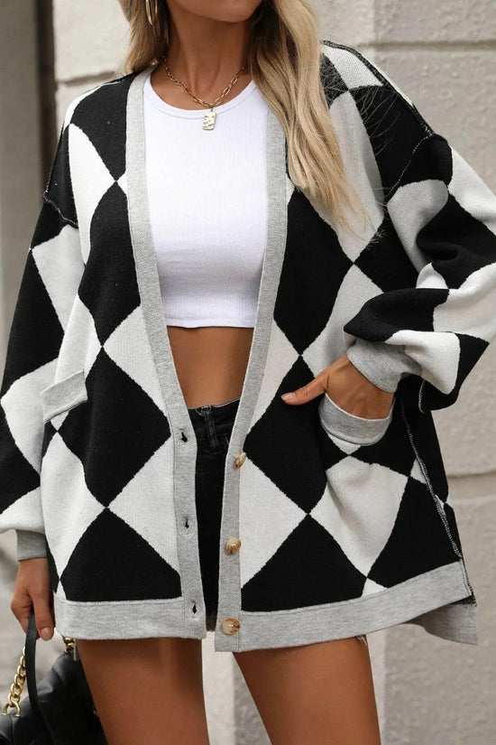 Checkered Dropped Shoulder Long Sleeve Cardigan - IVORYNN