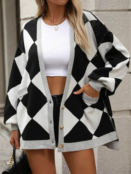 Checkered Dropped Shoulder Long Sleeve Cardigan - IVORYNN