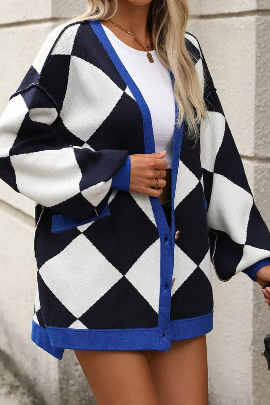 Checkered Dropped Shoulder Long Sleeve Cardigan - IVORYNN