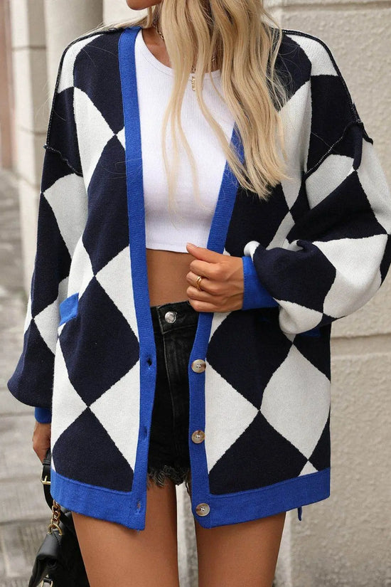 Checkered Dropped Shoulder Long Sleeve Cardigan - IVORYNN