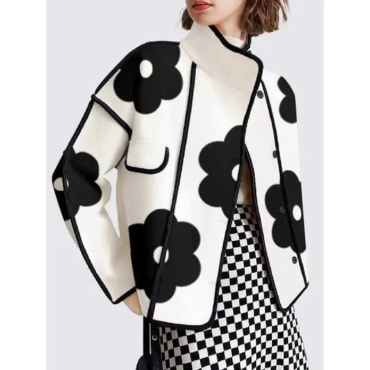 Chic Floral Contrast Loose Stand Collar Jacket