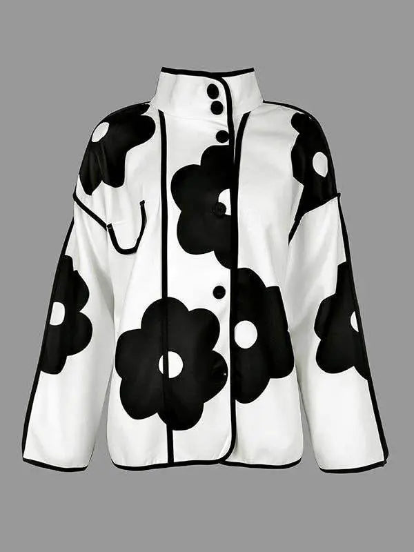 Chic Floral Contrast Loose Stand Collar Jacket - IVORYNN