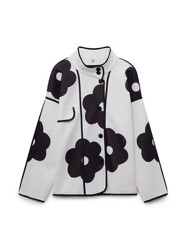 Chic Floral Contrast Loose Stand Collar Jacket - IVORYNN