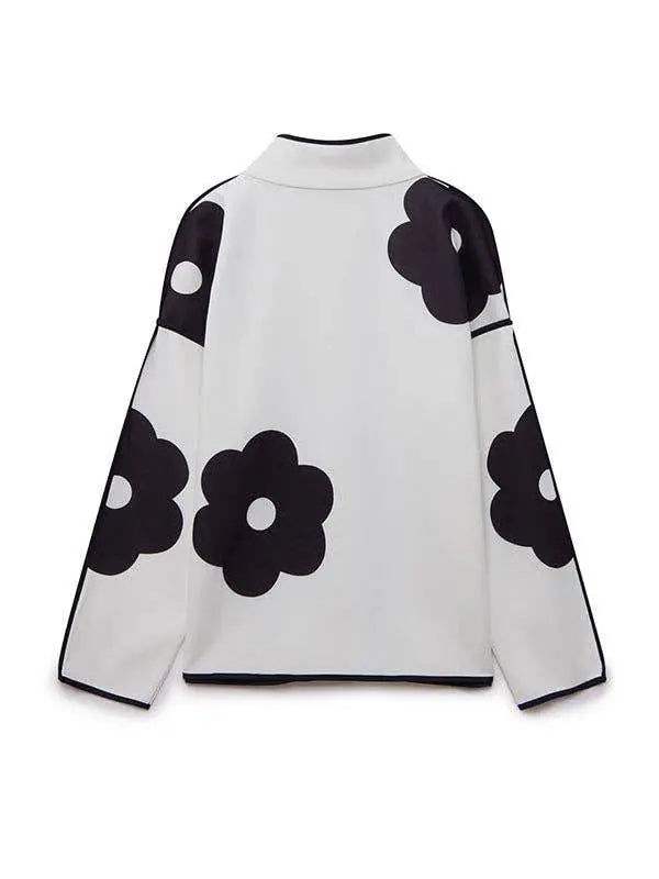 Chic Floral Contrast Loose Stand Collar Jacket - IVORYNN