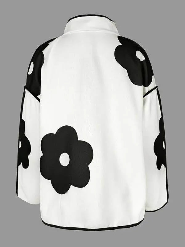Chic Floral Contrast Loose Stand Collar Jacket - IVORYNN