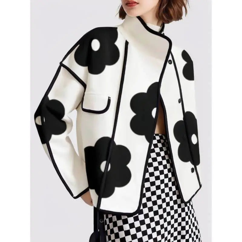 Chic Floral Contrast Loose Stand Collar Jacket - IVORYNN