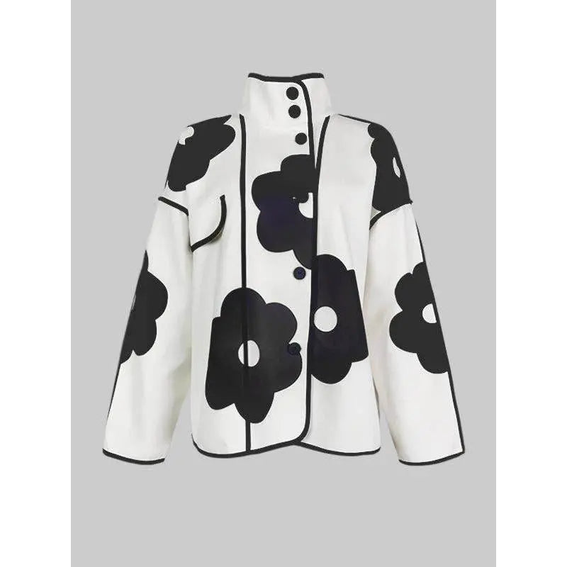 Chic Floral Contrast Loose Stand Collar Jacket - IVORYNN