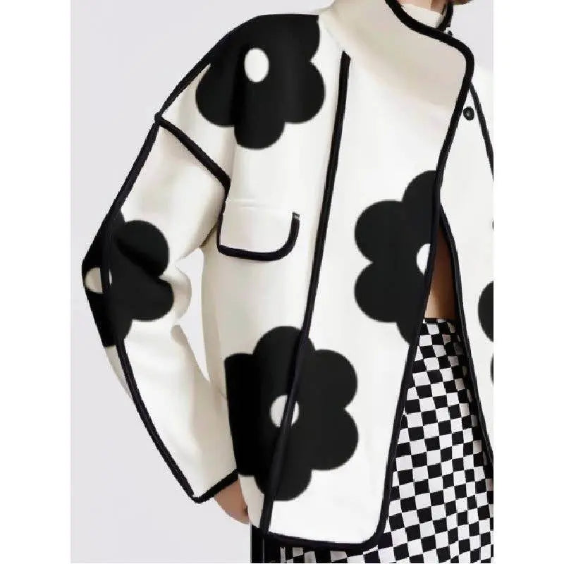 Chic Floral Contrast Loose Stand Collar Jacket - IVORYNN
