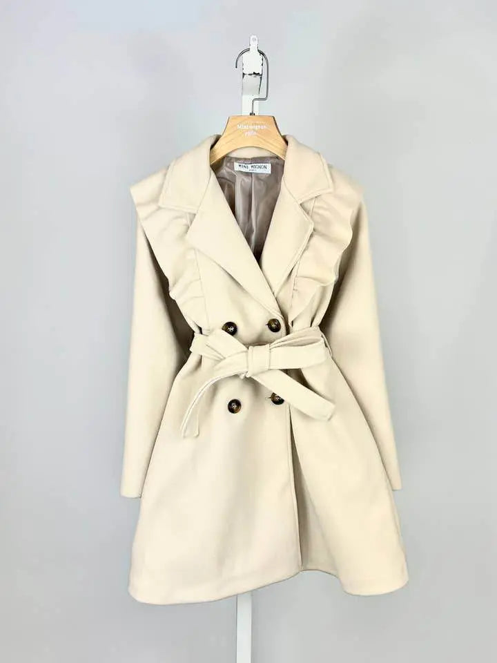 Chic Lined Beige Jacket with Ruffles and Belt - IVORYNN