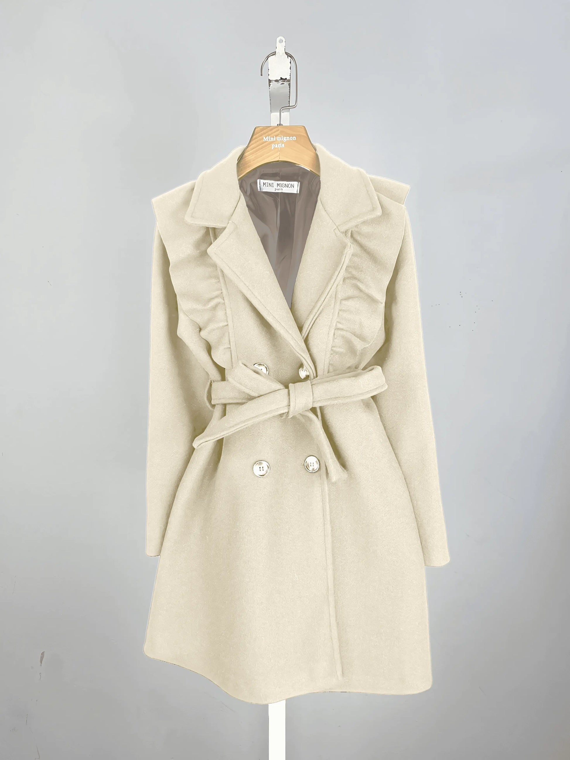 Chic Lined Beige Jacket with Ruffles and Belt - IVORYNN