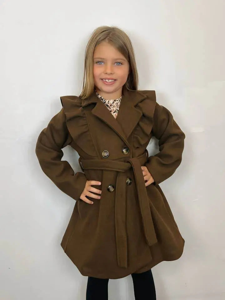 Chic Lined Chocolate Jacket with Ruffles and Belt - IVORYNN