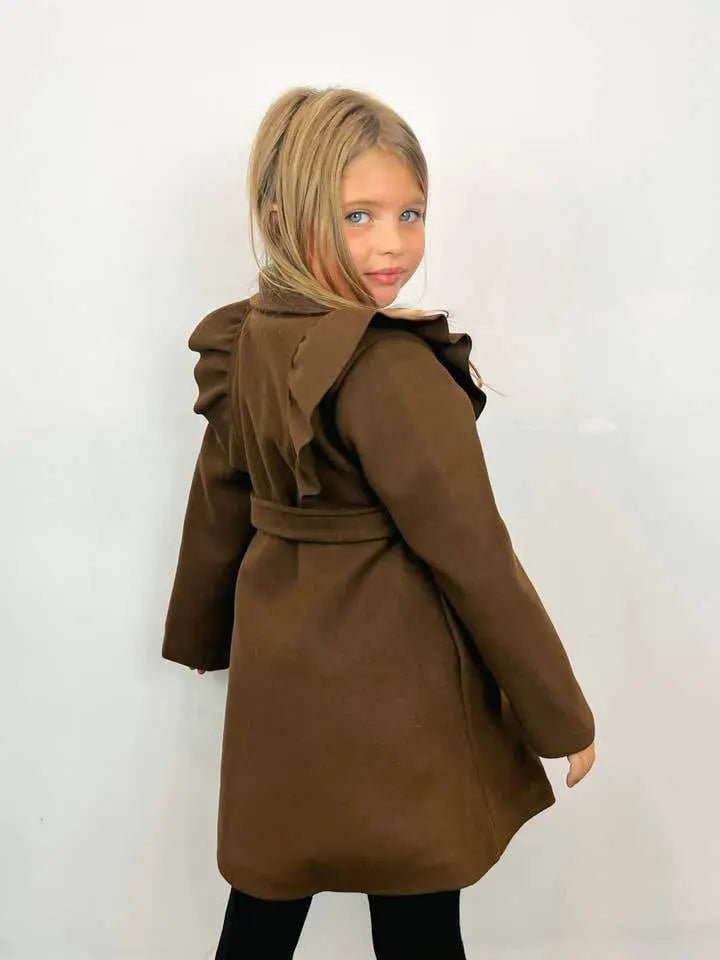 Chic Lined Chocolate Jacket with Ruffles and Belt - IVORYNN