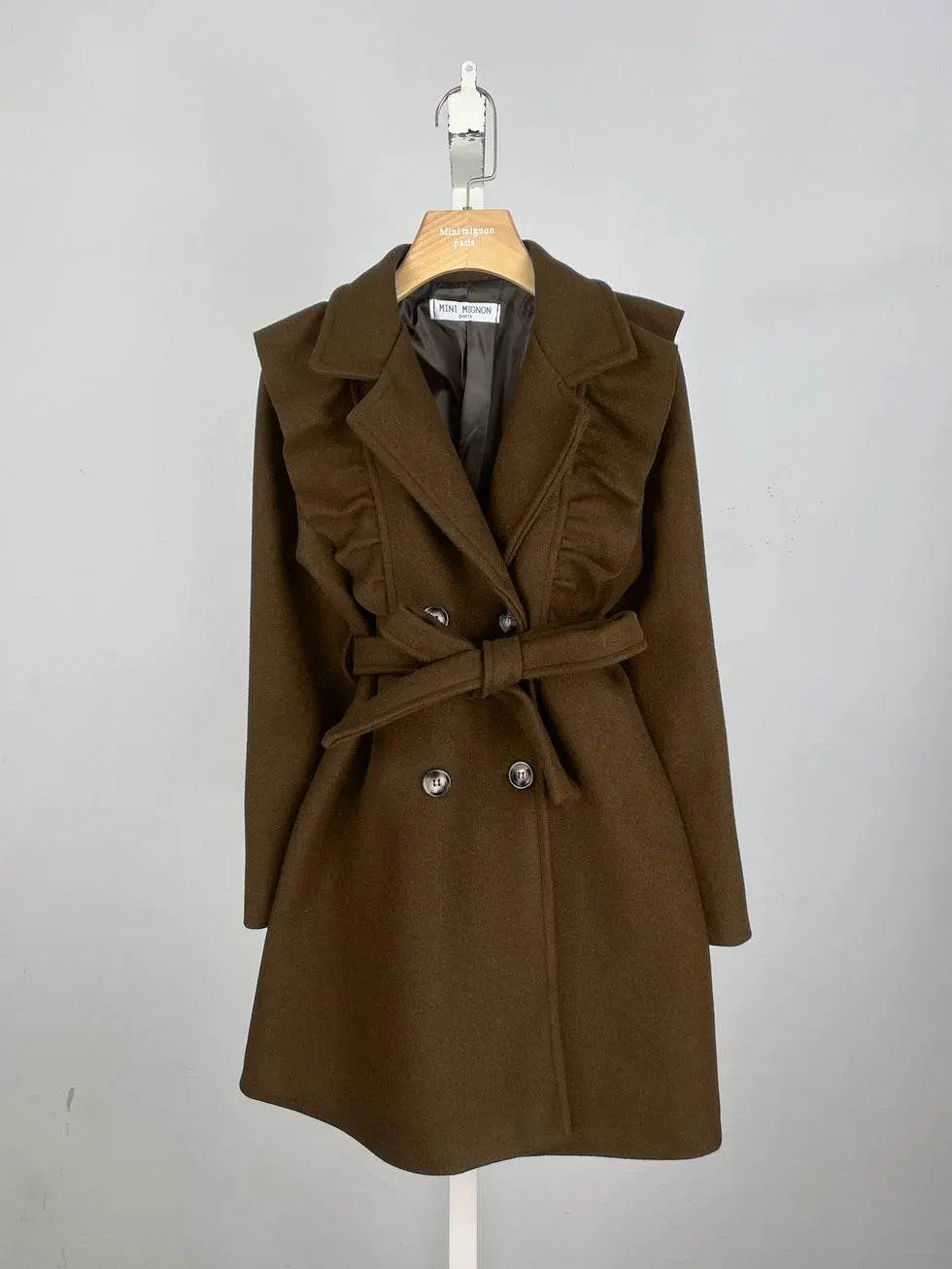 Chic Lined Chocolate Jacket with Ruffles and Belt - IVORYNN
