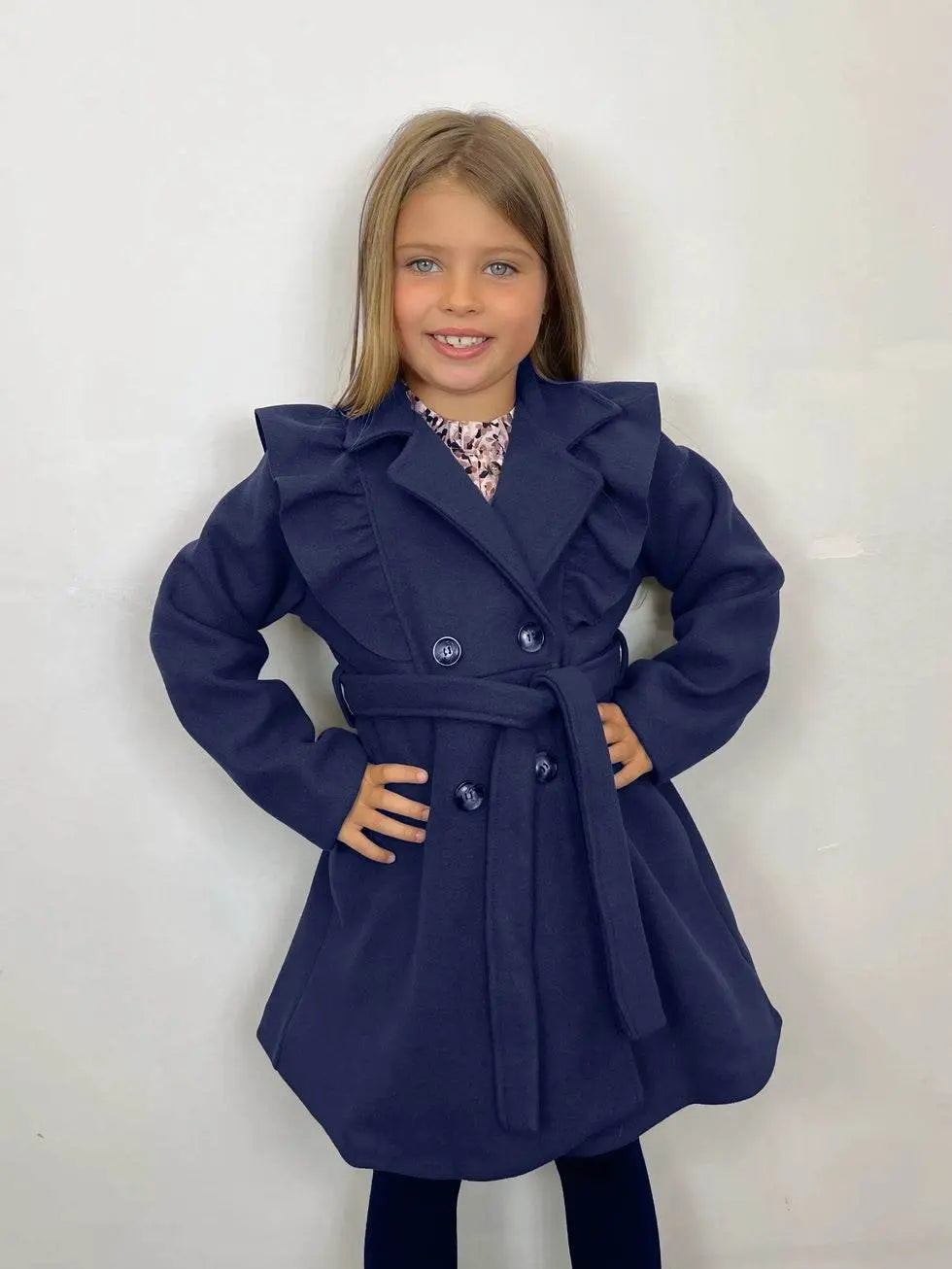 Chic Lined Navy Jacket with Ruffles and Belt - IVORYNN