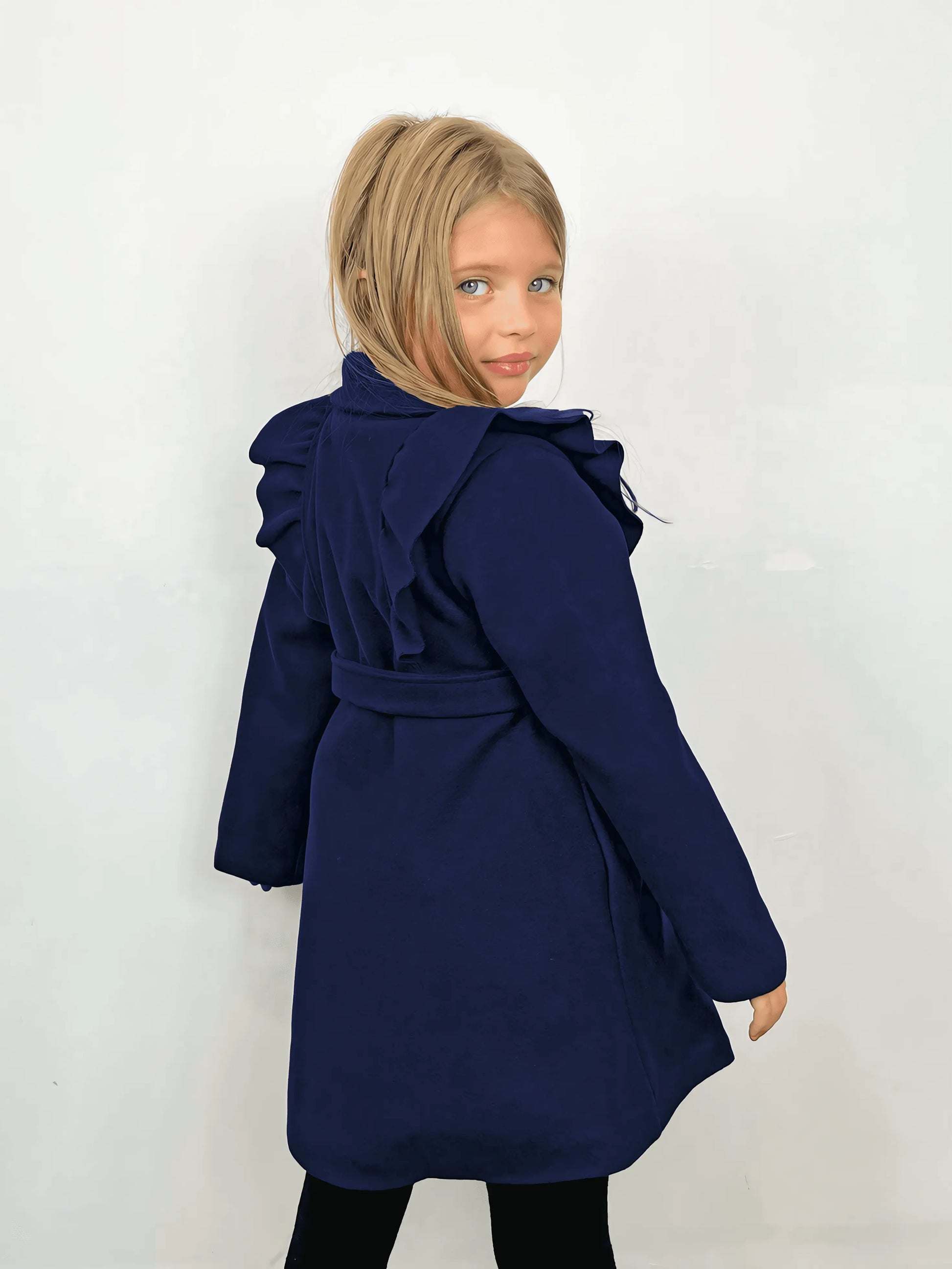 Chic Lined Navy Jacket with Ruffles and Belt - IVORYNN