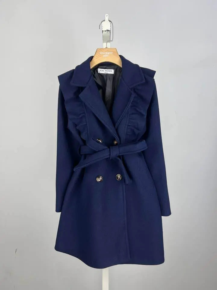 Chic Lined Navy Jacket with Ruffles and Belt - IVORYNN