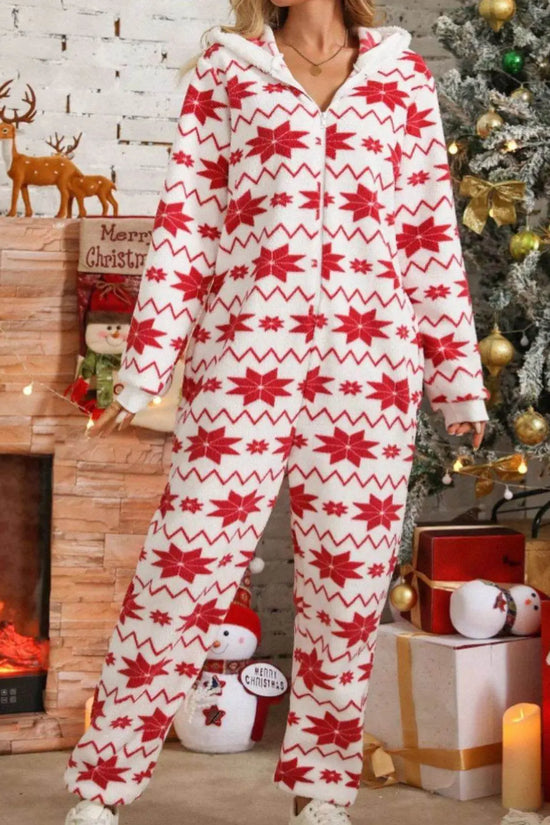 Christmas Geometric Half Zip Hooded Jumpsuit - IVORYNN