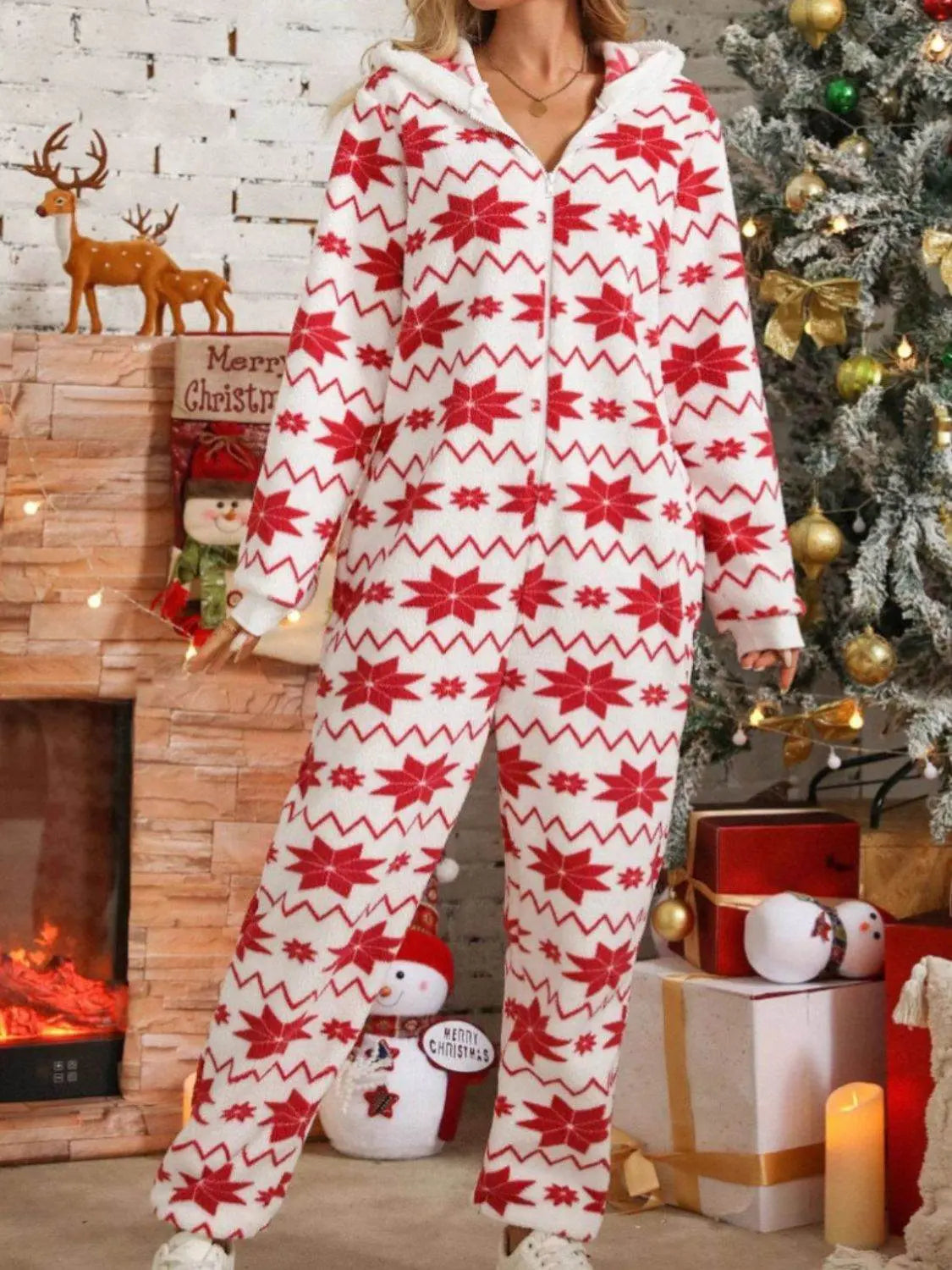 Christmas Geometric Half Zip Hooded Jumpsuit - IVORYNN