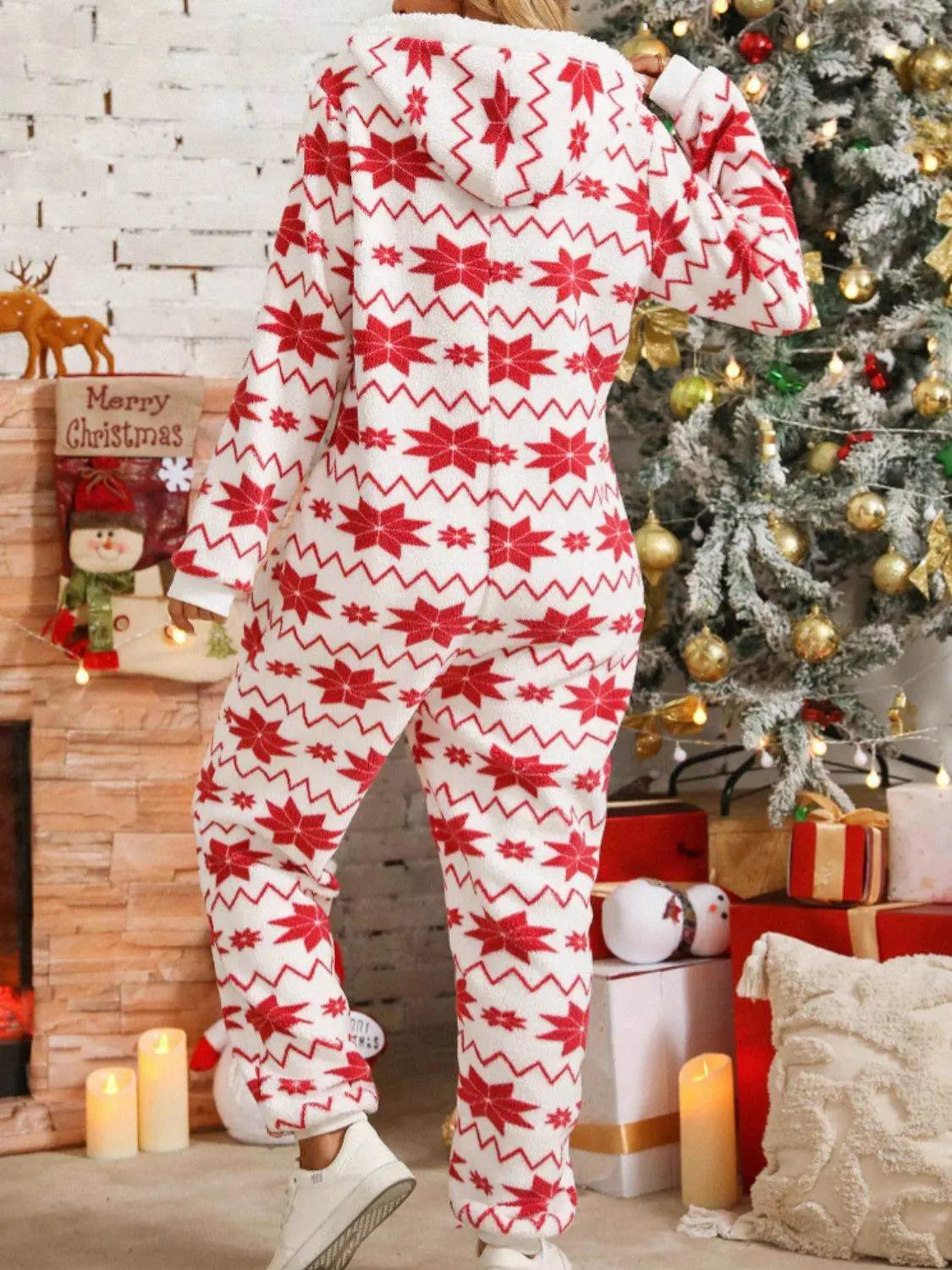 Christmas Geometric Half Zip Hooded Jumpsuit - IVORYNN