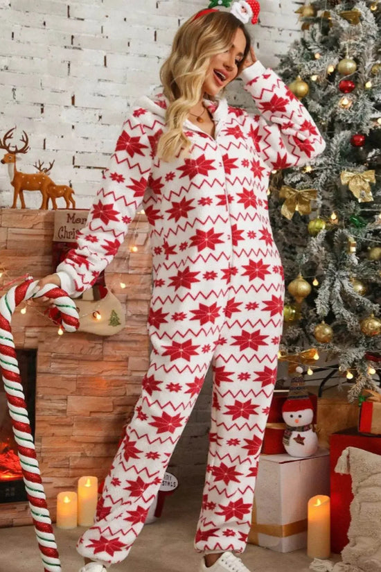 Christmas Geometric Half Zip Hooded Jumpsuit - IVORYNN