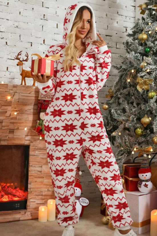 Christmas Geometric Half Zip Hooded Jumpsuit - IVORYNN