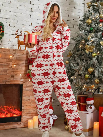 Christmas Geometric Half Zip Hooded Jumpsuit - IVORYNN