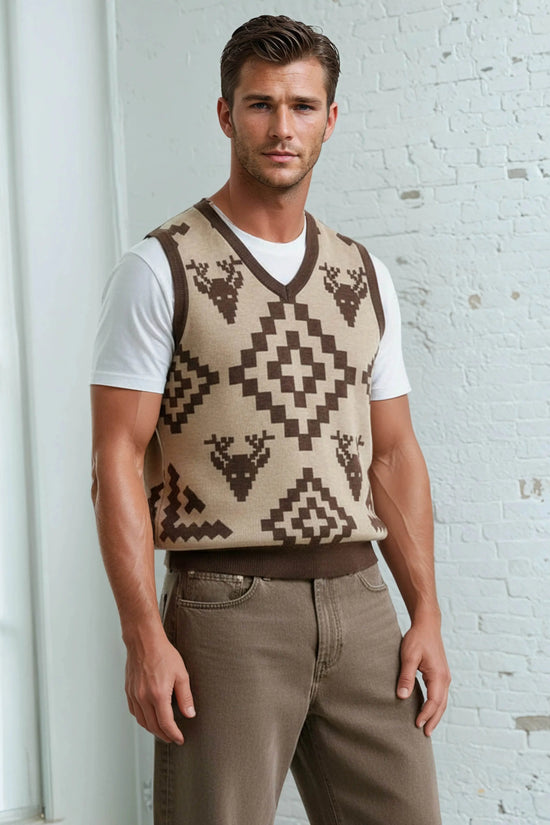 Classic Vintage V-neck Brown Men Knitted vest - IVORYNN