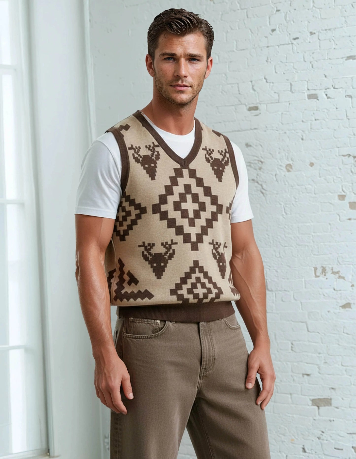 Classic Vintage V-neck Brown Men Knitted vest - IVORYNN