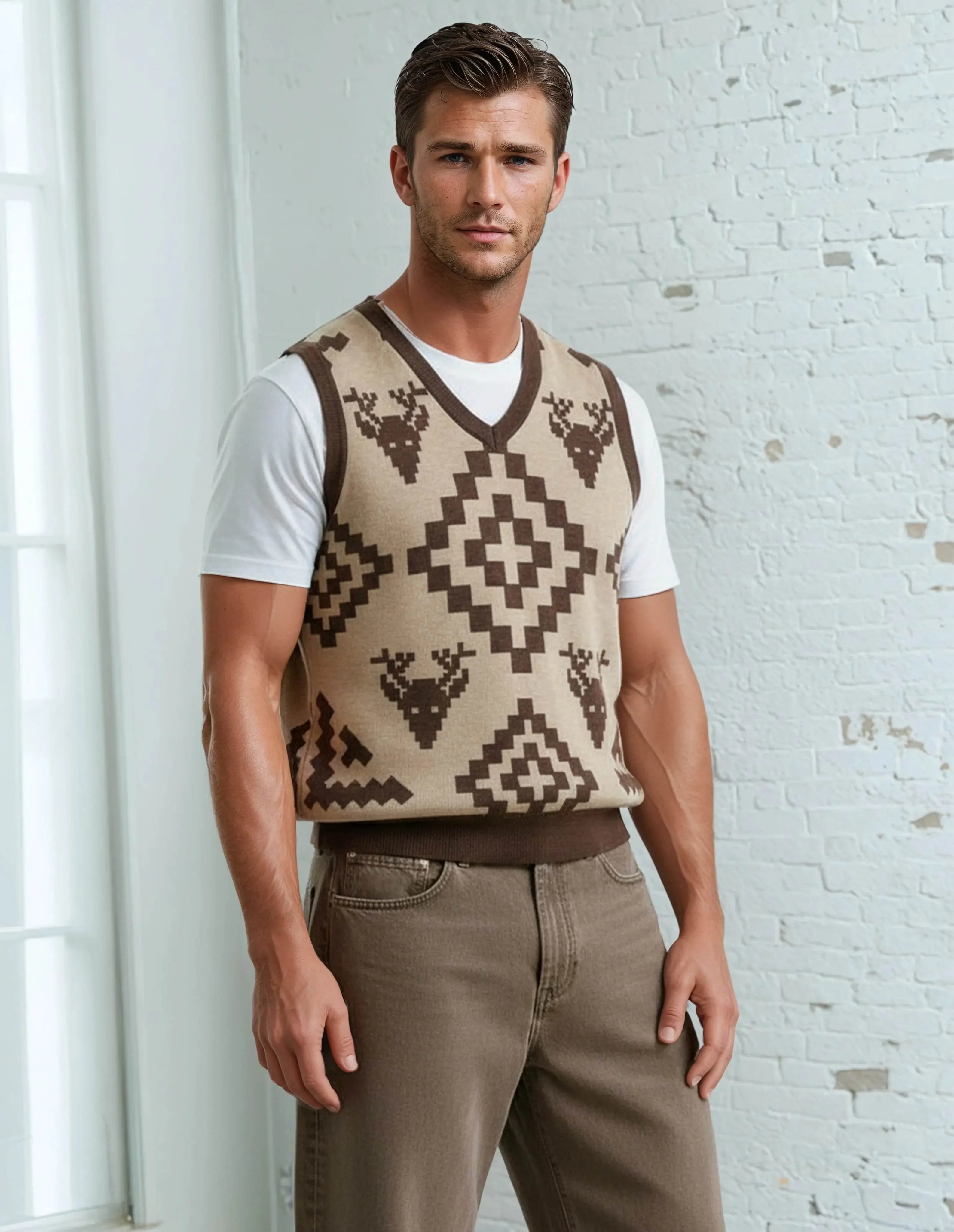 Classic Vintage V-neck Brown Men Knitted vest - IVORYNN