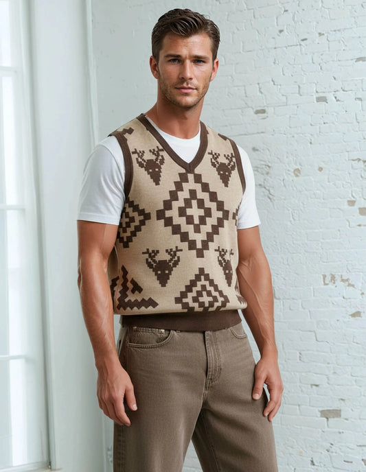 Classic Vintage V-neck Brown Men Knitted vest