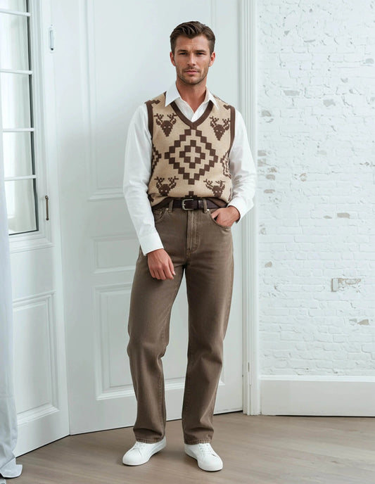 Classic Vintage V-neck Brown Men Knitted vest