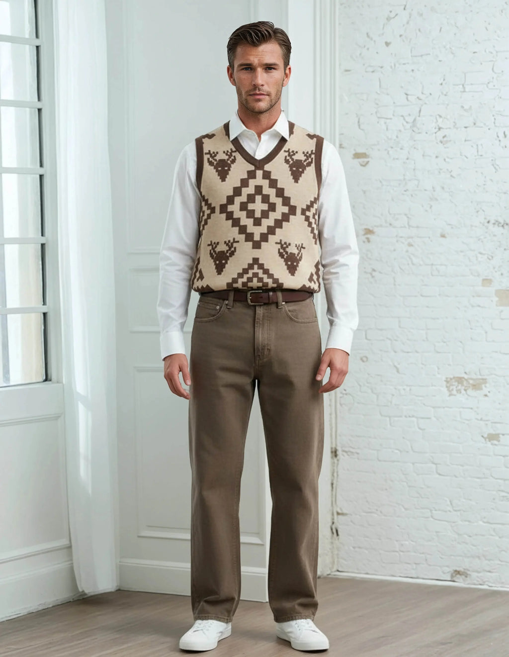 Classic Vintage V-neck Brown Men Knitted vest - IVORYNN