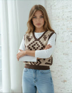 Classic Vintage V-neck Brown Women Knitted vest - IVORYNN