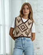 Classic Vintage V-neck Brown Women Knitted vest - IVORYNN