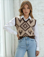 Classic Vintage V-neck Brown Women Knitted vest - IVORYNN