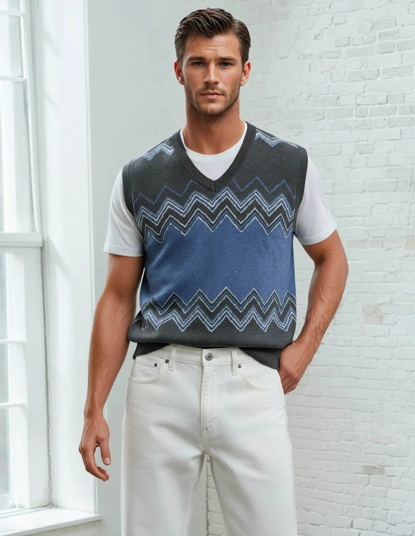 Classic Vintage V-neck Navy Gray Men Knitted vest - IVORYNN
