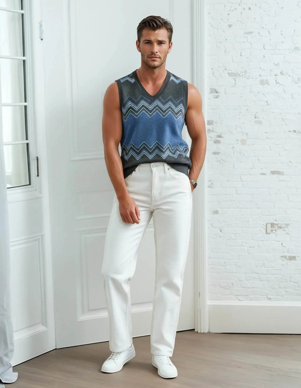 Classic Vintage V-neck Navy Gray Men Knitted vest - IVORYNN