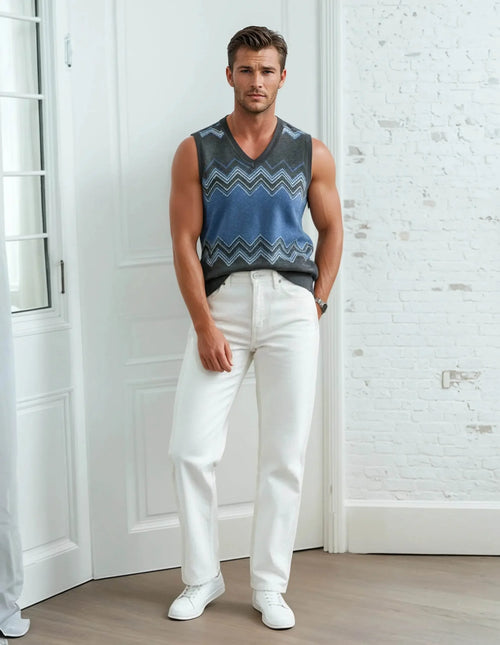 Classic Vintage V-neck Navy Gray Men Knitted vest - IVORYNN