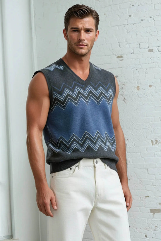 Classic Vintage V-neck Navy Gray Men Knitted vest - IVORYNN
