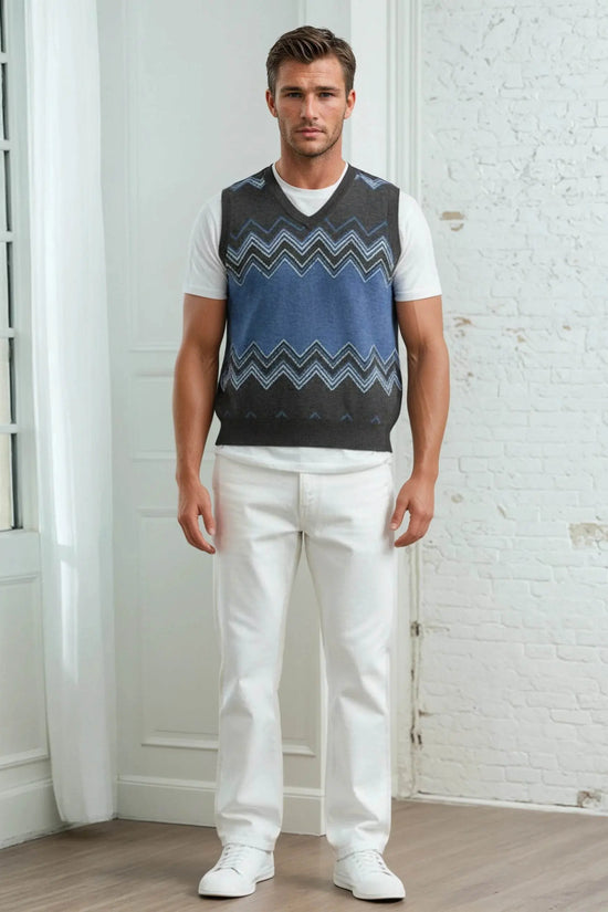 Classic Vintage V-neck Navy Gray Men Knitted vest - IVORYNN