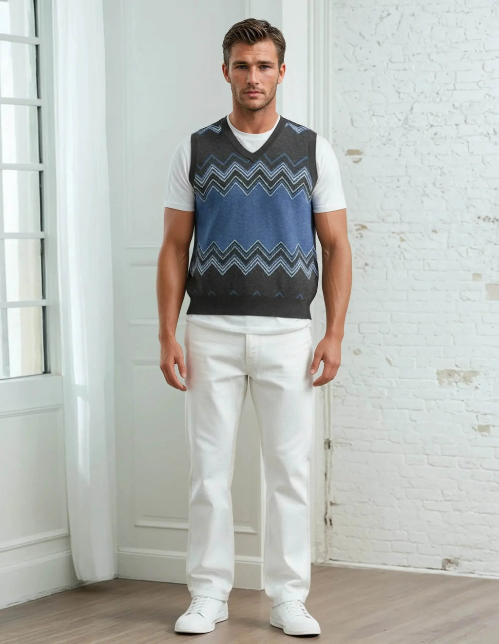 Classic Vintage V-neck Navy Gray Men Knitted vest - IVORYNN